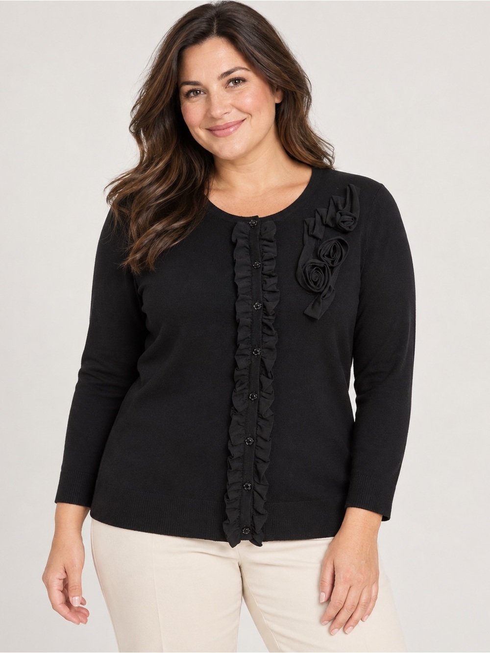 Cable & Gauge Black Ruffle-Front Cardigan Top80% Rayon size L